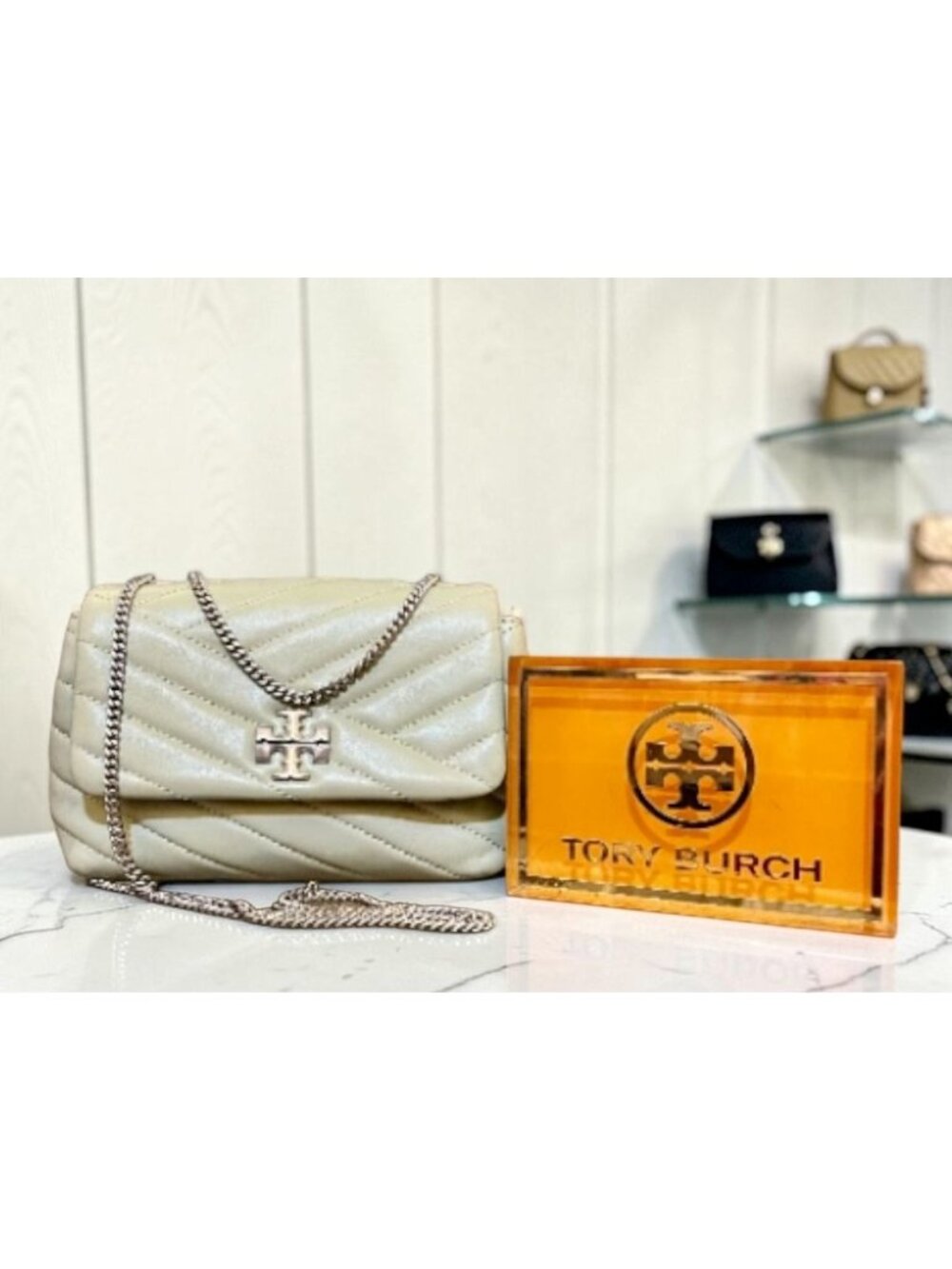 TORY BURCH SAGE GREEN AND SILVER KIRA CONVERTIBLE SHOULDER BAG